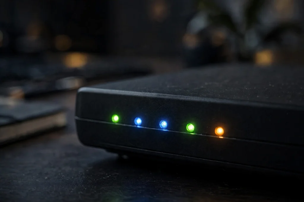 Close-up of LED indicator lights on a cable modem
