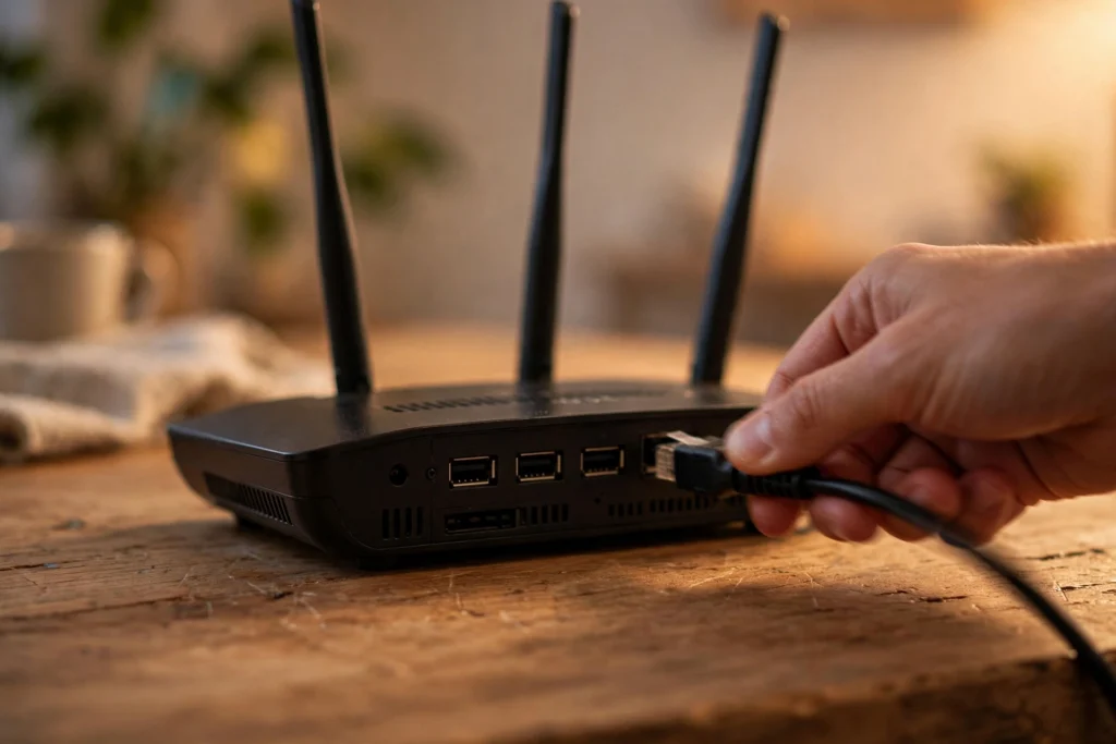 Hand unplugging the power cable from a WiFi router
