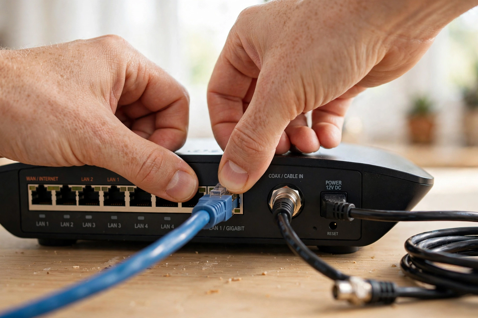 Hands firmly plugging an ethernet cable into the back of a router