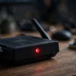 Spectrum router with a glowing red light indicator on a desk
