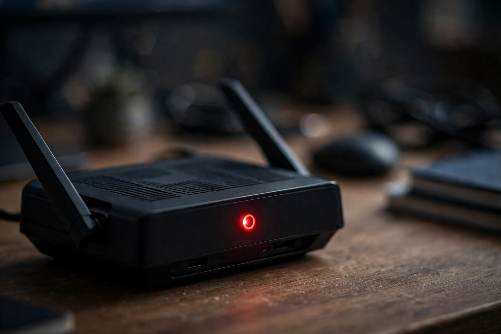 Spectrum router with a glowing red light indicator on a desk