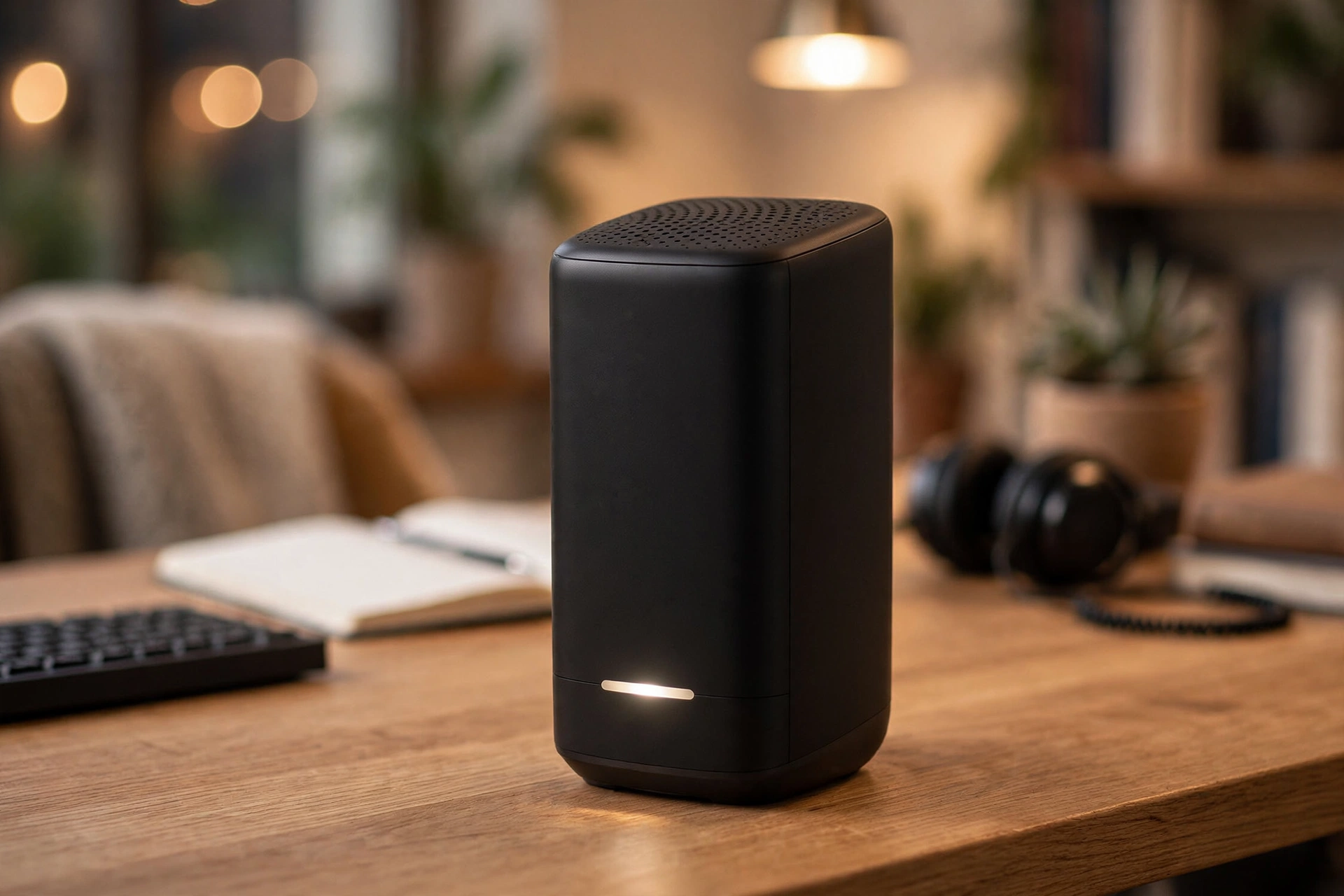 Xfinity xFi gateway with a blinking white light on a desk