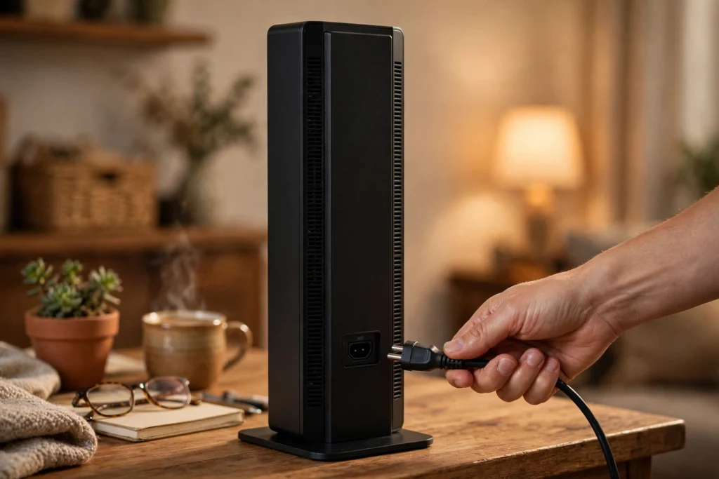 Hand unplugging the power cable from an Xfinity gateway