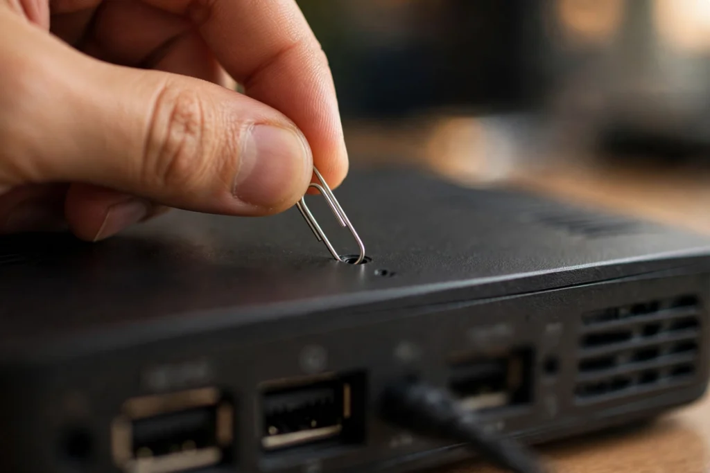 Paperclip pressing the reset button on the back of a router
